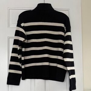 Black and White Striped Turtleneck 100% Wool Sweater